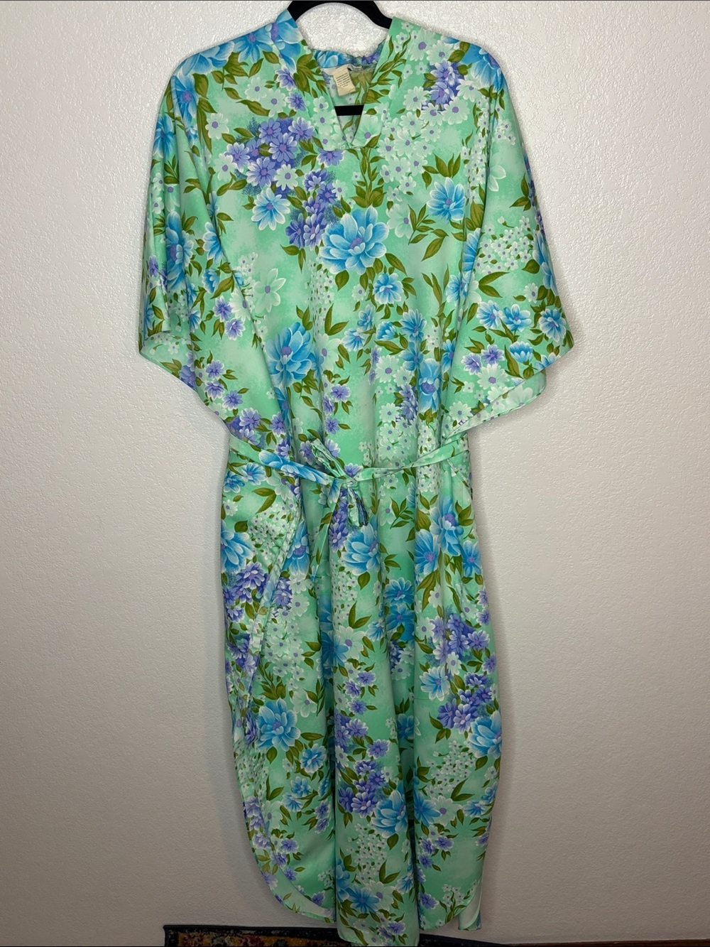 Vintage 60s Royal Palm Hawaii Aqua Floral Kaftan Free Size With Belt
